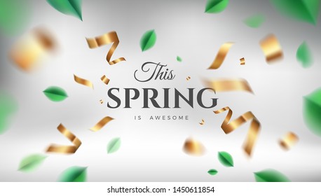 Luxury 3d background with green spring leaves and golden color elegant decoration vector design