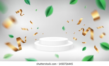 Luxury 3d background with green spring leaves, white pedestal and golden color elegant decoration vector design