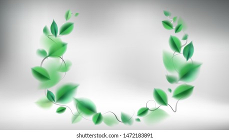 Luxury 3d background with green spring leaves and silver color elegant decoration vector design