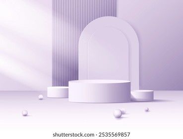Luxuriöser 3D-Hintergrund mit Podiumständer in pastellfarbenen Lila-Farben.Leerer Podiumhintergrund. Wand minimale Mockup kosmetische Produktanzeige.Produktpräsentation. Minimale Szene Podest Bogen. Vektorgrafik