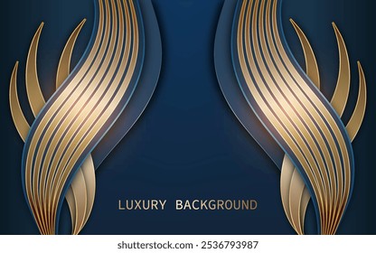Luxuriöser 3D-Hintergrund in wellenförmigem Blau und Gold mit glänzendem Effekt. Vektorgrafik.