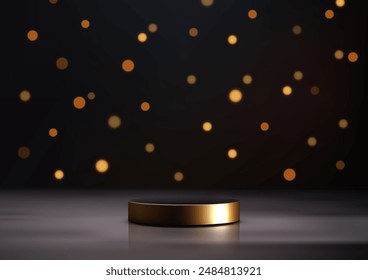 Luxury 3D Black and Gold Podium with Spotlight on Dark Background with Golden Bokeh for Elegant Product Display, Mockup, Showroom, Showcase