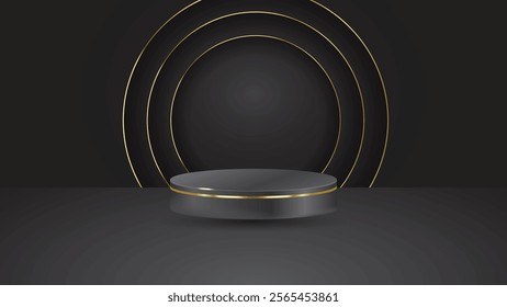 Luxury 3D Black Podium with Gold Circles for Product Display, Showroom, Showcase, and Mockup