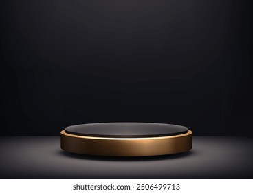 Luxury 3D Black Podium with Golden Rim, Elegant Display Platform on Dark Background, Minimalist and Sophisticated Design Illuminated by Spotlight for Product Showcases