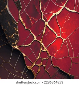 Luxury 3d black red marbled abstract background with golden inlay veins, lines. Marble mosaic, stone texture,  jasper. Ornamental modern marble pattern. Fake painted artificial ornate stone texture.