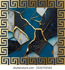 Luxus 3D blauen Marmor Mosaik abstrakten Muster Hintergrund mit Gold griechischen Schlüssel Mäander quadratischen Rahmen, goldene Inlay, Venen, Linien, Glitzer. Steinstruktur, Jaspis. Ornamental modernen Marmor 3D Textur.