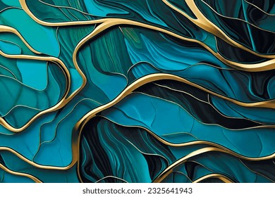 Luxury 3d  blue marbled abstract background with golden wavy lines, inlay veins. Marble mosaic, stone texture,  jasper. Ornamental modern waves pattern. Fake painted artificial ornate stone texture.