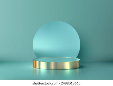 Luxury 3D Blue Round Podium with Gold Rim and Circle Backdrop on Soft Blue Background, Ideal for Modern Product Display, Mockup, Showroom, and Visual Showcase