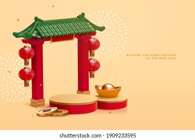 Luxury 3d Chinese new year product display background with Chinese roof and podium.