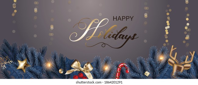 Luxury 3D Christmas and happy season greeting background. winter and happy new year  celebration card and template vector.