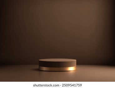 Luxury 3D Circular Brown Podium with Gold Band Against Dark Background, Elegant Mockup Design for Product Display, Showcase Scene for Showroom, Presentation