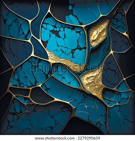 Luxury 3d Cobalt blue marbled abstract background with golden inlay veins, lines. Marble mosaic, stone texture,  jasper. Ornamental modern marble pattern. Fake painted artificial ornate stone texture.