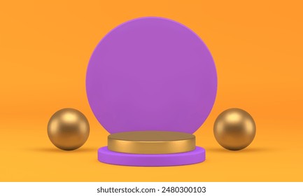 Luxury 3d cylinder podium display mock up for product presentation realistic vector illustration. Premium golden pedestal purple wall background and sphere empty elegant rendering showcase for promo