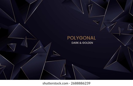 Fondo Abstractas poligonal oscuro de lujo 3D con líneas doradas, diseño geométrico moderno y elegante para Fondo de pantalla o Anuncio