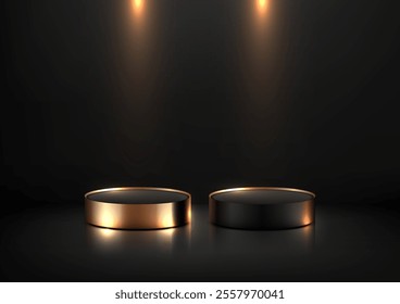 Luxury 3D design featuring gold and black podiums on a dark stage with spotlights. Perfect for elegant product displays, mockups, and premium marketing materials