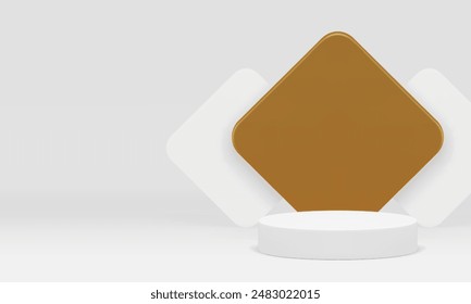 Luxury 3d display white podium pedestal for product promo realistic vector illustration. Elegant showcase trendy rendering light cylinder platform with golden rhombus wall background for show