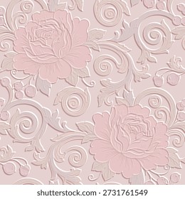 Luxury 3D embossed Baroque seamless pattern in soft pink. Elegant rose flowers with rococo scrolls and textured relief. Beautiful vintage emboss damask vector background for wallpaper and decor.