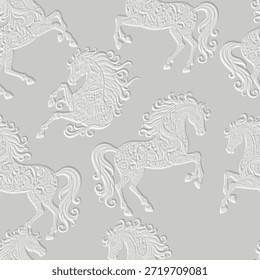 Luxo 3D em relevo padrão sem costura com ornamental majestoso ornamentado cavalos. Elegante cinza relevo textura para o Ano do Cavalo, decoração equestre, papel de parede premium e design têxtil.