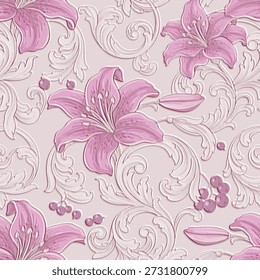 Luxury 3D embossed seamless pattern with relief pink lilies. Elegant Baroque floral line art scrolls and textured emboss ornament. Vintage vector 3d damask background for wallpaper and interior decor.