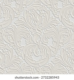 Luxury 3D embossed white Baroque seamless pattern. Elegant plaster textured vector damask ornament with beautiful floral scrolls and rococo relief. Classic architectural emboss wall texture for decor.