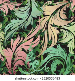 Patrón sin fisuras de estilo barroco frondoso floral de lujo 3d. Repita el fondo de Vector ornamental. Hermosos adornos con hojas verdes vintage. Diseño moderno adornado. Textura sin fin. Para tela, estampados.