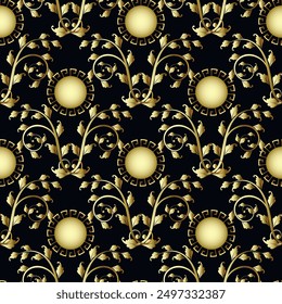 Luxury 3d Floral vintage greece ancient style seamless pattern with gold circle mandalas, golden branches, leaves, greek key meander. Beautiful ornaments on black background. Vector endless texture.