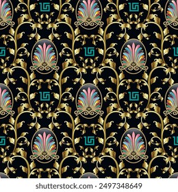 Luxury 3d Floral vintage greece ancient style seamless pattern with colorful mandalas, golden branches, leaves, greek key meander. Beautiful leafy ornament on black background. Vector endless texture.