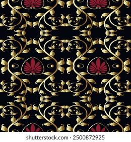 Luxury 3d Floral vintage greece ancient style seamless pattern with red flowers, golden branches, leaves, greek key meander. Beautiful leafy ornament on black background. Vector endless texture.