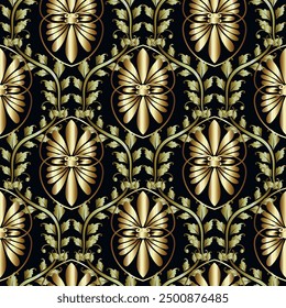 Luxury 3d Floral vintage greece ancient style seamless pattern with gold flowers, golden green branches, leaves, greek key meander. Beautiful leafy ornament on black background. Vector endless texture