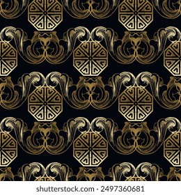 Luxe 3d Floral motif harmonieux vintage avec or grèce ancien style mandalas, or style baroque fleurs, clé grecque méandre. Beaux ornements sur fond noir. Image vectorielle texture sans fin.