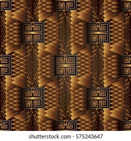 Luxury 3d geometric vector seamless pattern. Abstract background wallpaper illustration with  3d vintage greek key, squares,rhombus,lines,zigzag ,ornaments. Ornate texture  with shadows and highlights