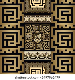 Luxury 3d gold borders seamless pattern with traditional chinese style mazes, meanders. Beautiful vintage ethnic golden border ornaments on black background. Vector endless surface glowing texture.