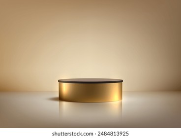 Luxury 3D Gold Podium with Black Top on Beige Background, Perfect for Product Display, Mockup, and Showcase