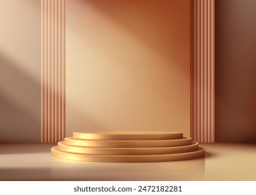 Luxury 3D Gold Podium Stairs with Golden Backdrop and Light Beam in Room for Product Display Mockup Showroom Showcase