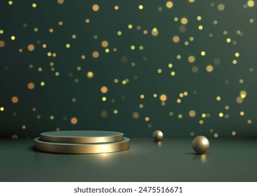 Luxury 3D Gold Podium with Two Balls on Green Background with Bokeh, Elegant Product Display and Mockup Showroom