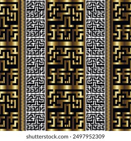 Luxury 3d gold silver borders seamless pattern with traditional chinese style mazes, meanders. Beautiful vintage ethnic border ornaments on black background. Vector endless surface glowing texture.