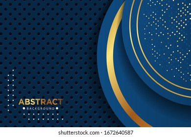 luxury 3d overlap circle blue navy background with gold line and golden glitters dots circle mesh combination EPS10 vector