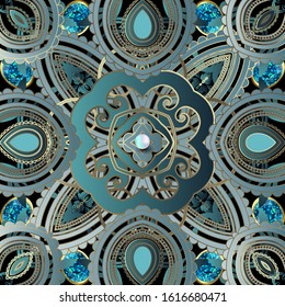 Luxury 3d Paisley vector seamless pattern. Ornamental floral arabesque jewelry background. Ethnic style ornate repeat backdrop. Surface 3d pearls,  gemstones. Lacy blue paisley flowers, leaves.