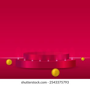 Luxury 3D pink circular podium. golden spheres with pink background for product display, mockup and showcase.