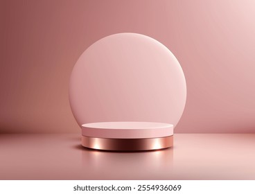 Luxury 3D pink podium with a gold rim on a reflective surface, set against a soft pink background, perfect for modern product display, mockup, and showcase concepts