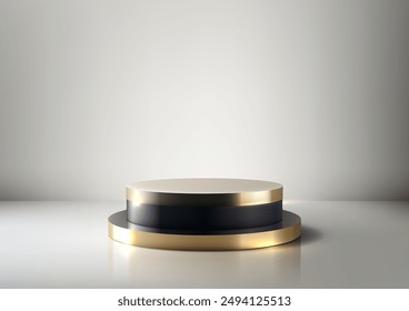 Luxury 3D Podium with Black Base and Gold Top on White Background for Product Display and Showcase