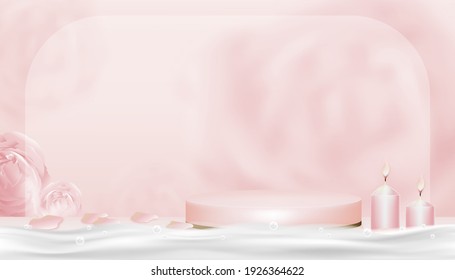 Luxury 3D Podium display with Rose, candle with pink and yellow gold cylinder stand,Vector Realistic on blurry Spring Flower Background, Illustration Showcase Mockup for Beauty Cosmetic or Spa product