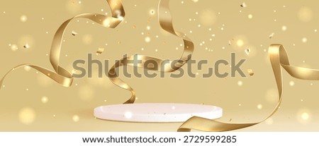 Luxury 3d podium with flowing golden ribbon and confetti. Premium elegant circular platform stage for cosmetic product presentation with soft curves, shimmering ribbons and award ceremony decor.