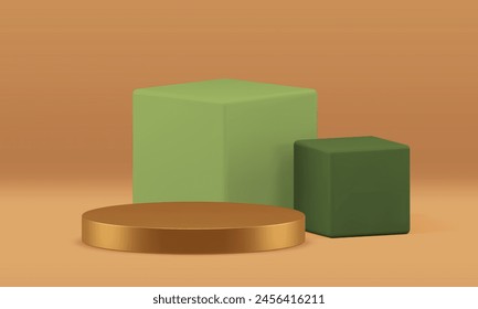 Luxury 3d podium pedestal mock up for cosmetic product show presentation realistic vector illustration. Golden cylinder stand with green cubes beige neutral advertising showroom shopping sale display