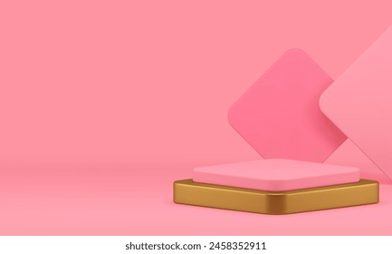 Luxury 3d podium pedestal pink display mockup for cosmetic product show presentation realistic vector illustration. Golden rhombus stand commercial display with wall background shopping sale stage