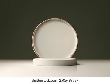 Luxury 3D Product Display White Cylindrical Pedestal and Gold Rimmed Circular Podium Against a Deep Green Background, Modern Elegant Design for Showcase and Mockup