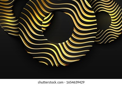 Luxury 3d realistic background with gold circle shape. Vector illustration of black circle shapes textured with golden wavy lines. Graphic design element.