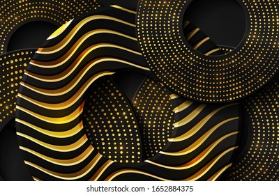 Lujoso fondo 3d realista con formas brillantes de círculo dorado. Dibujo vectorial de formas de círculo negro texturadas con líneas onduladas doradas y brillo dorado. Elemento de diseño gráfico.