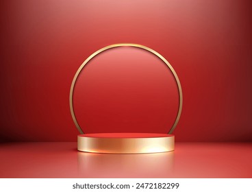 Luxury 3D Red Podium with Gold Frame for Product Display and Mockup in Elegant Showroom Style