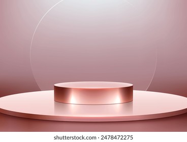 Luxury 3D Rose Gold Metallic Circular Podium with Glass Backdrop on Pink Background for Product Display, Mockup, and Showcase